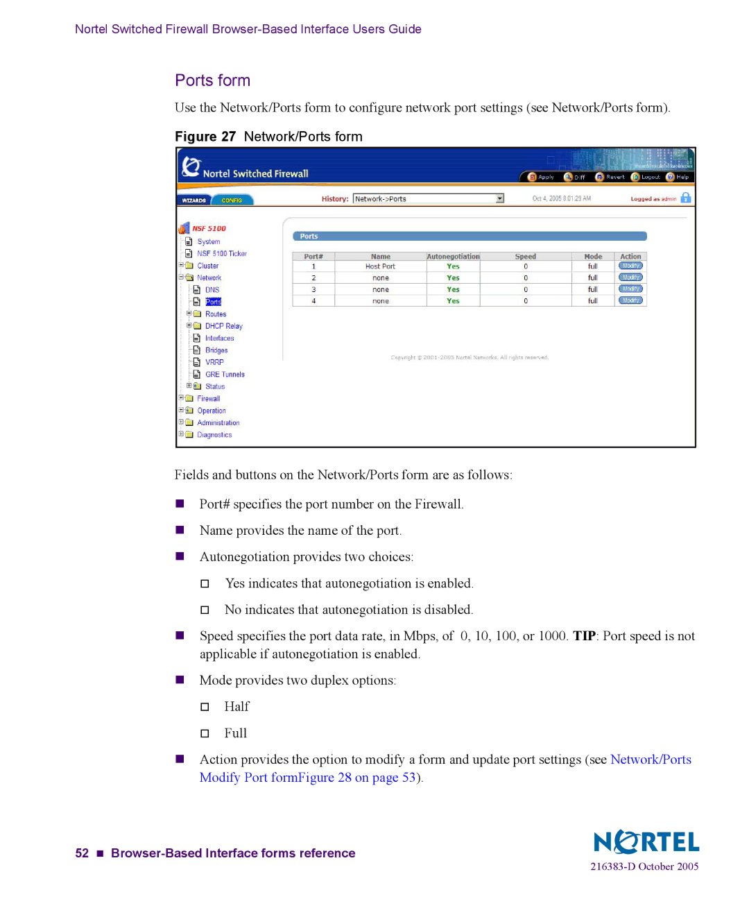 Nortel Networks 5100 manual Network/Ports form 