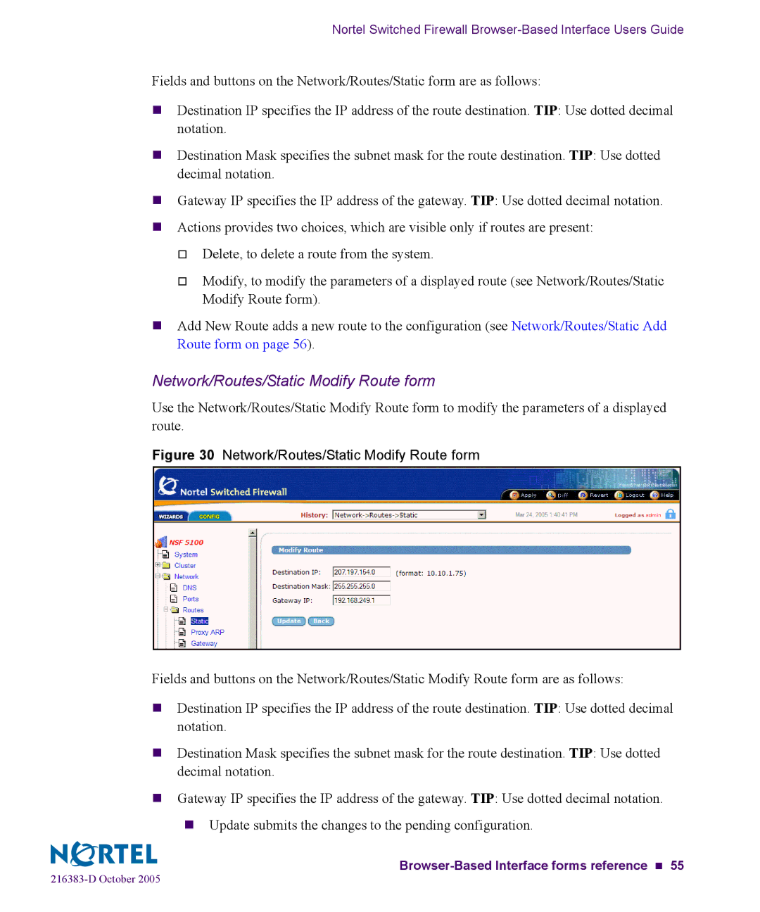 Nortel Networks 5100 manual Network/Routes/Static Modify Route form 