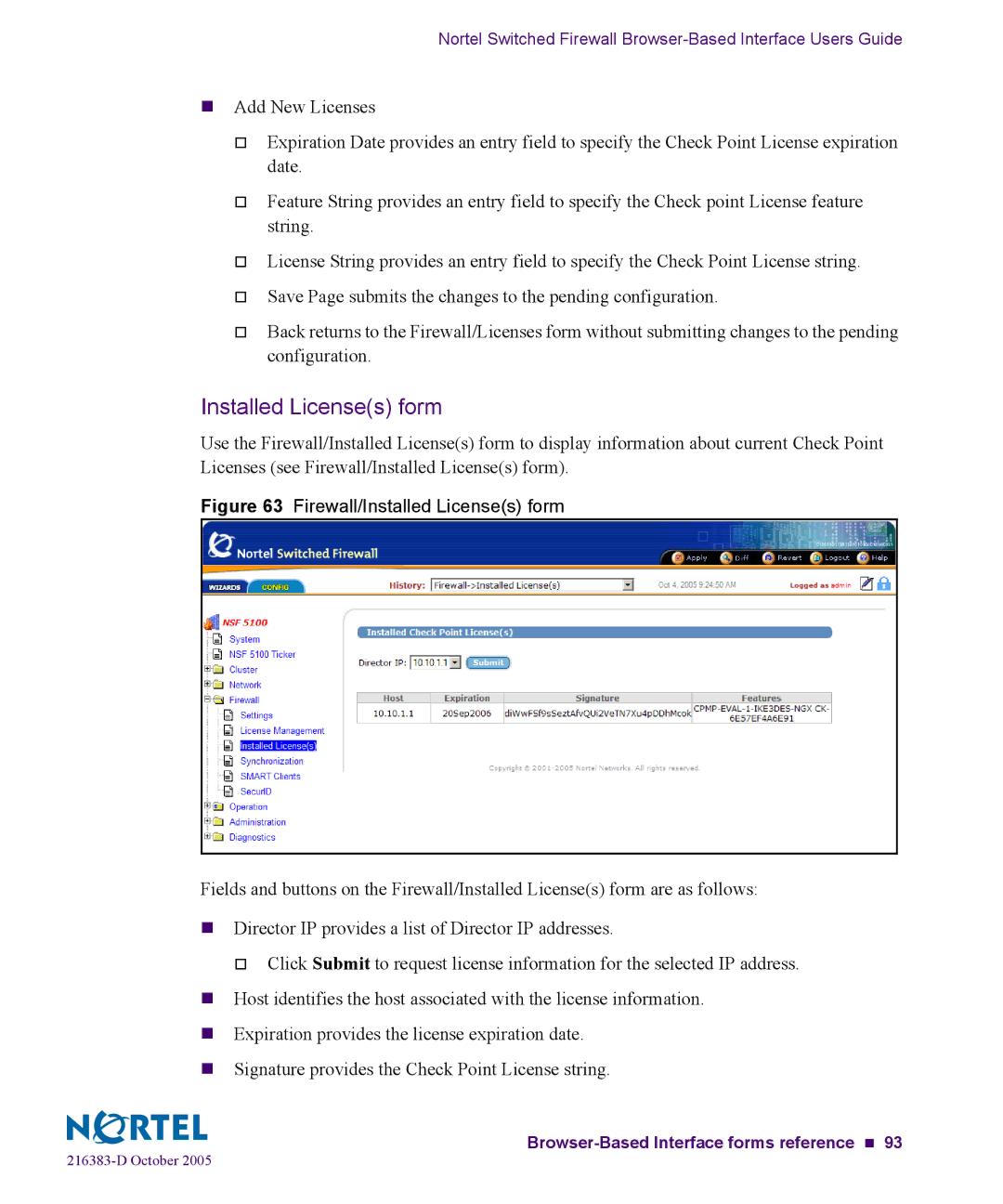 Nortel Networks 5100 manual Firewall/Installed Licenses form 