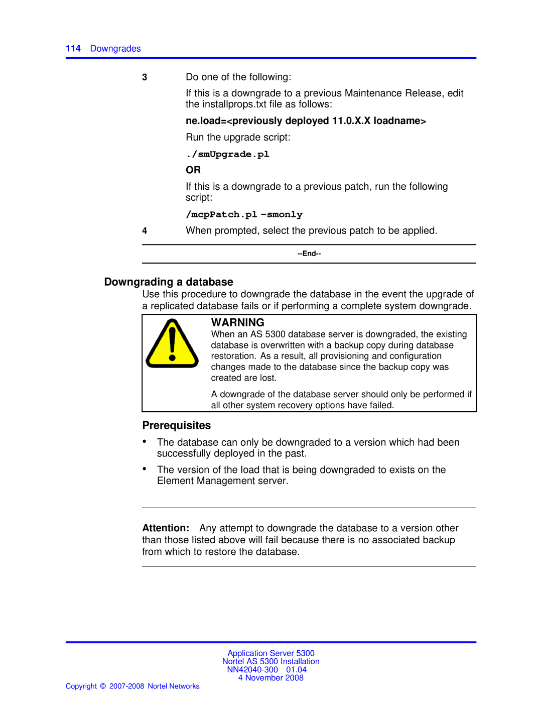 Nortel Networks 53r 5300 00 manual Downgrading a database, SmUpgrade.pl, McpPatch.pl -smonly 