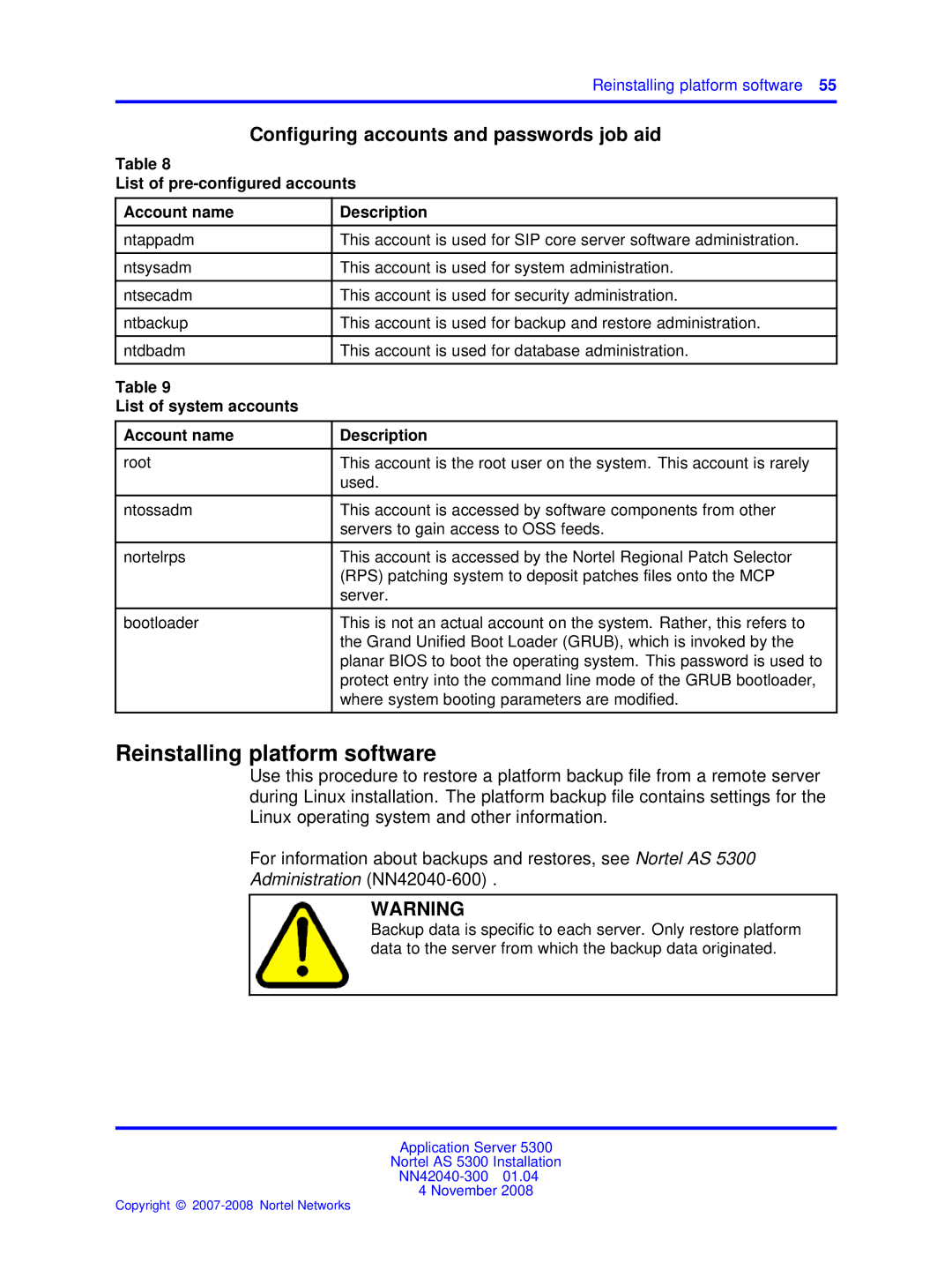 Nortel Networks 53r 5300 00 manual Reinstalling platform software, Configuring accounts and passwords job aid 