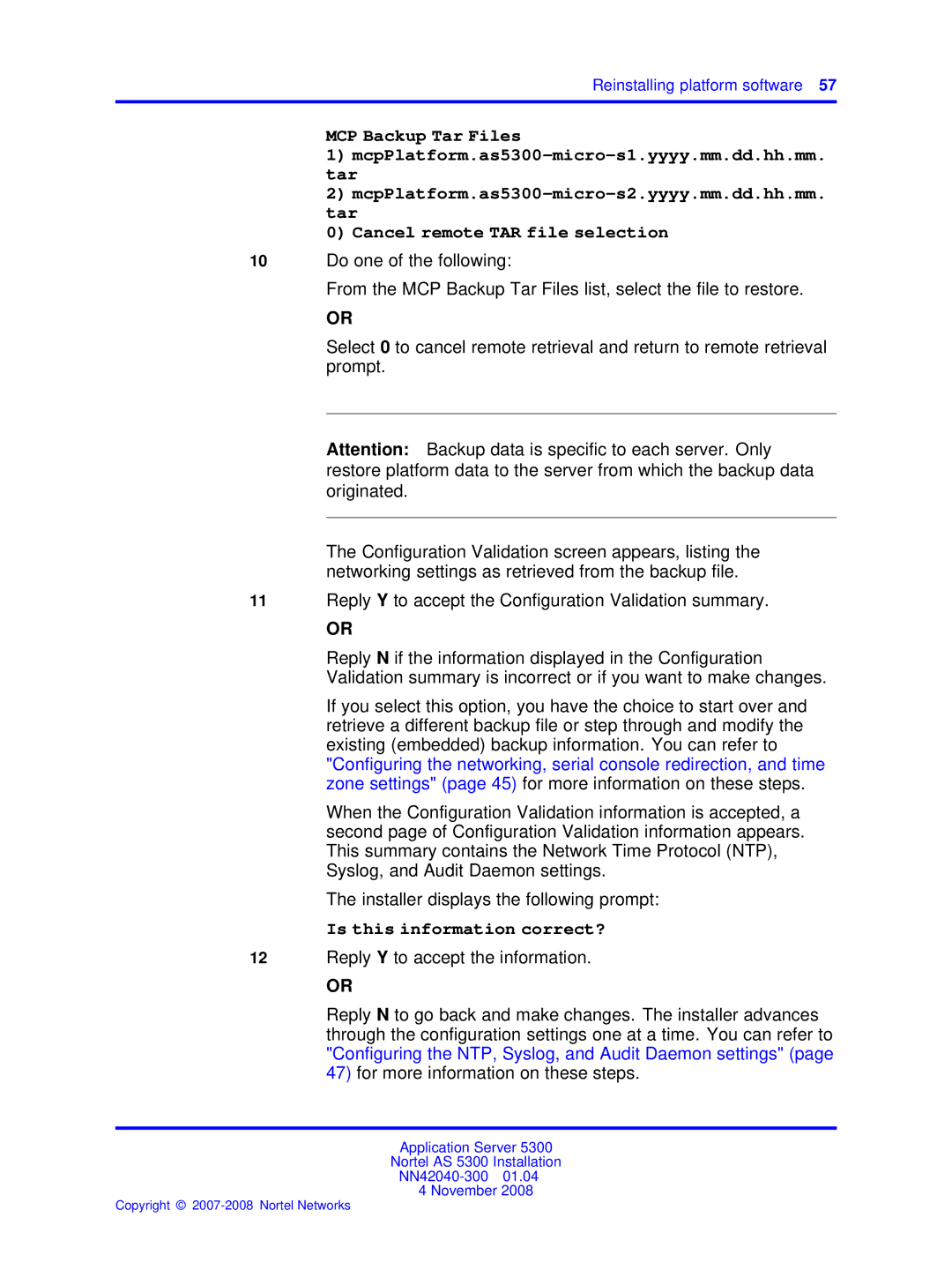 Nortel Networks 53r 5300 00 manual MCP Backup Tar Files, Cancel remote TAR file selection 