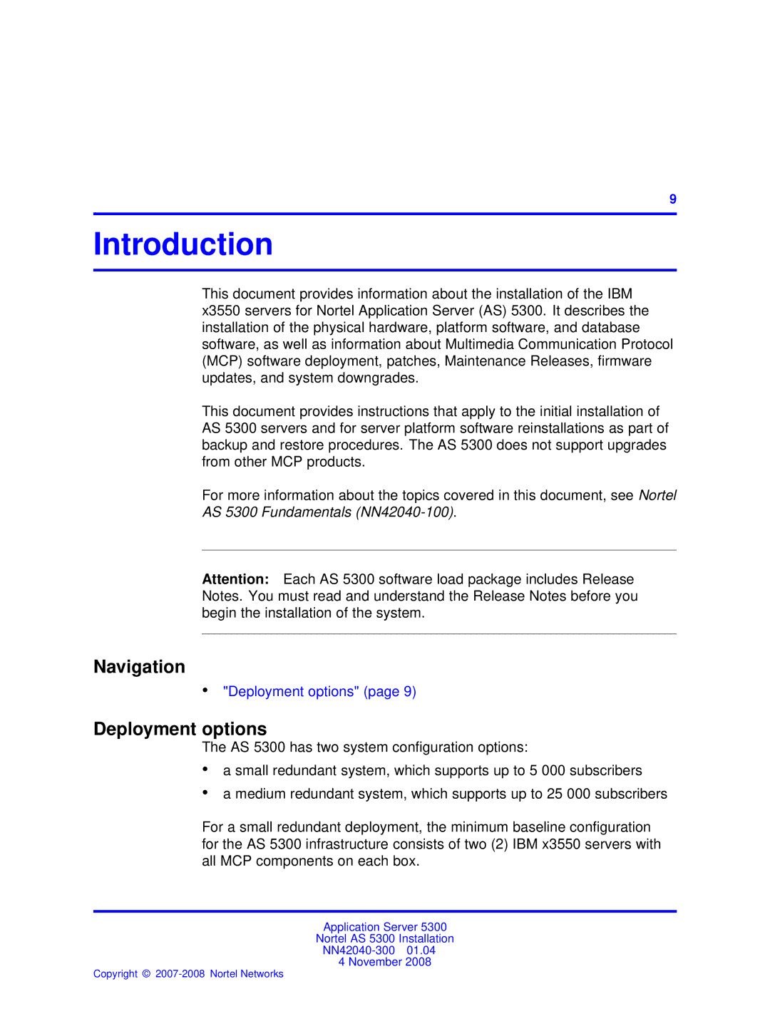 Nortel Networks 53r 5300 00 manual Introduction, Navigation, Deployment options 