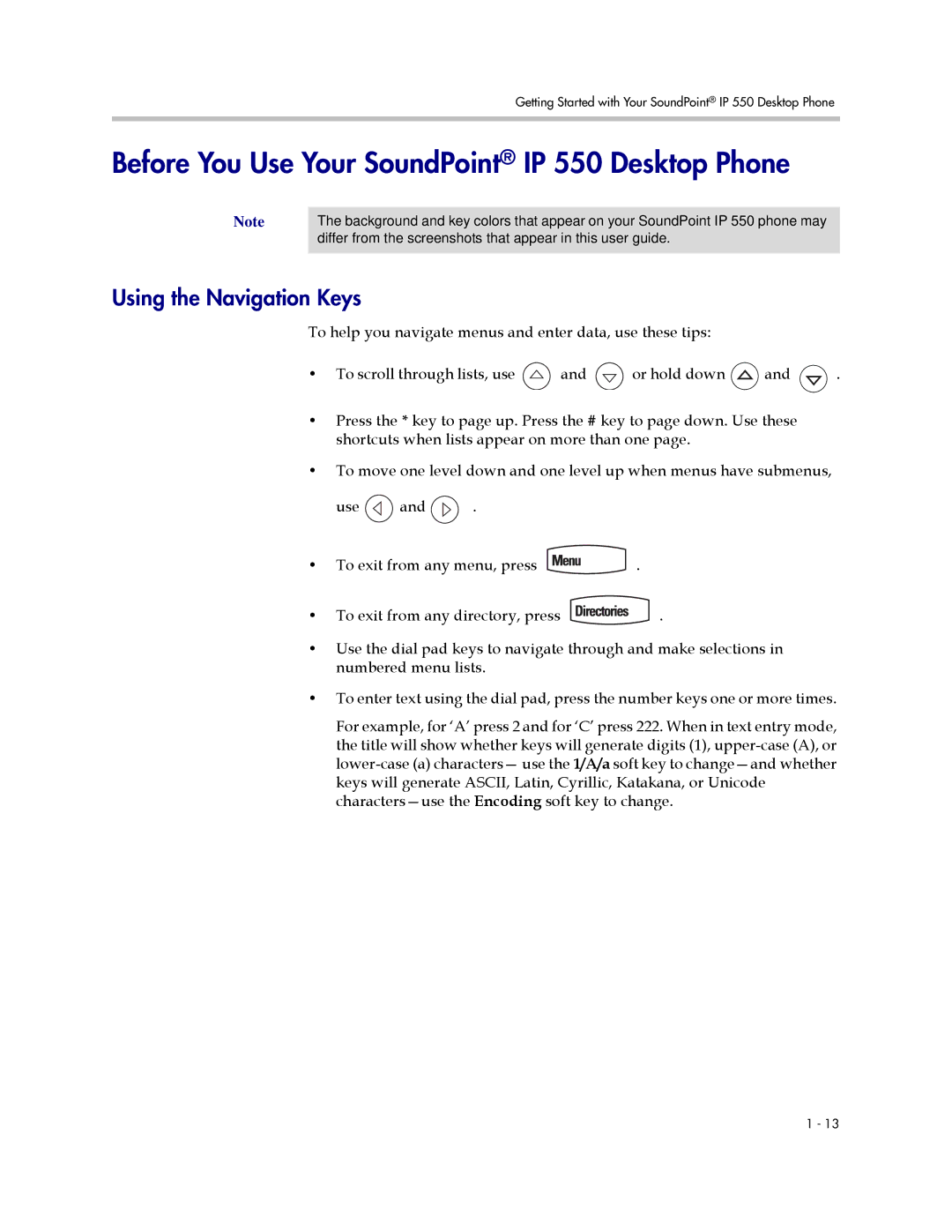 Nortel Networks manual Before You Use Your SoundPoint IP 550 Desktop Phone, Using the Navigation Keys 