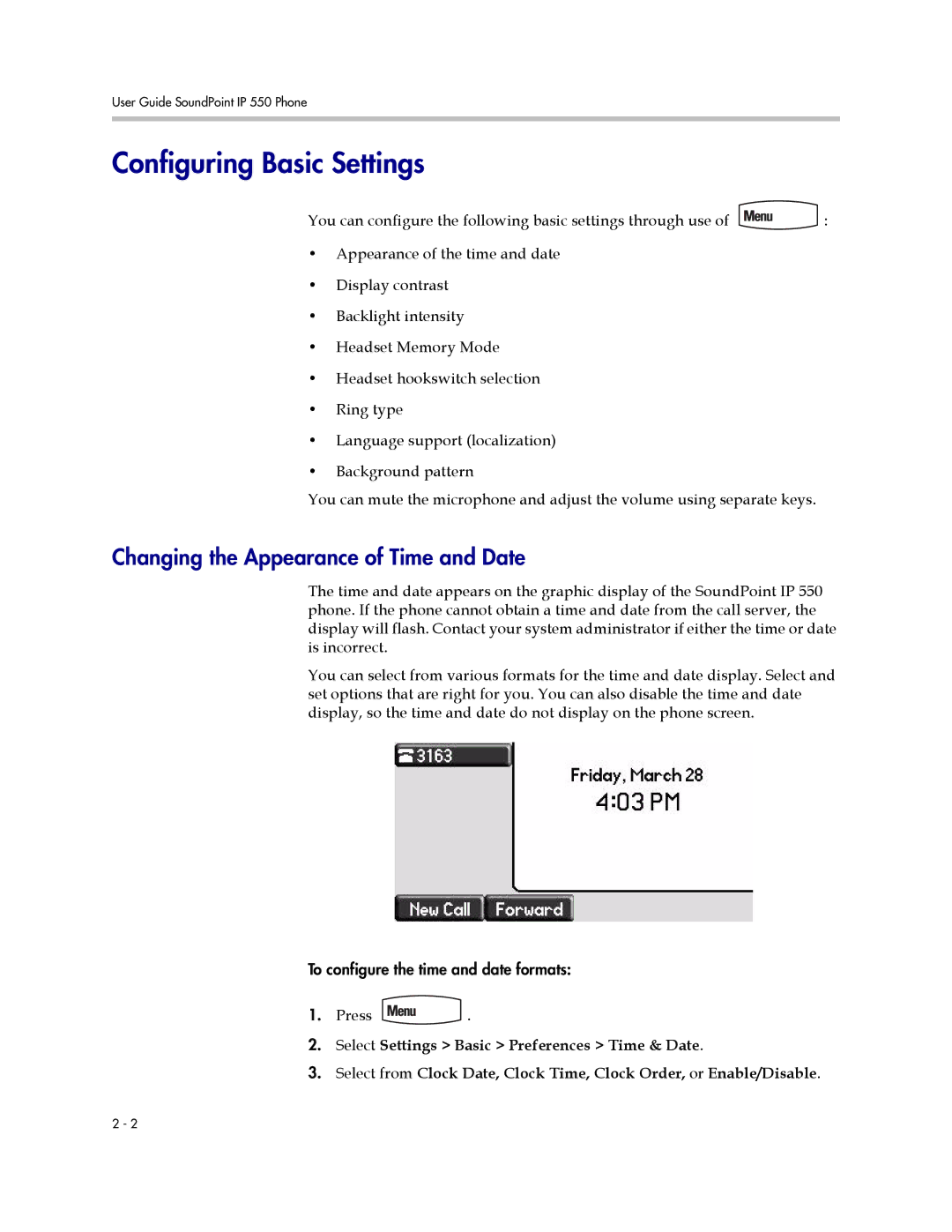 Nortel Networks 550 manual Configuring Basic Settings, Changing the Appearance of Time and Date 