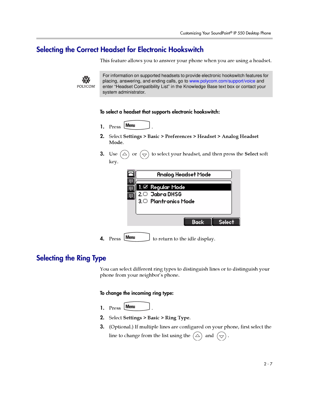 Nortel Networks 550 manual Selecting the Correct Headset for Electronic Hookswitch, Selecting the Ring Type 