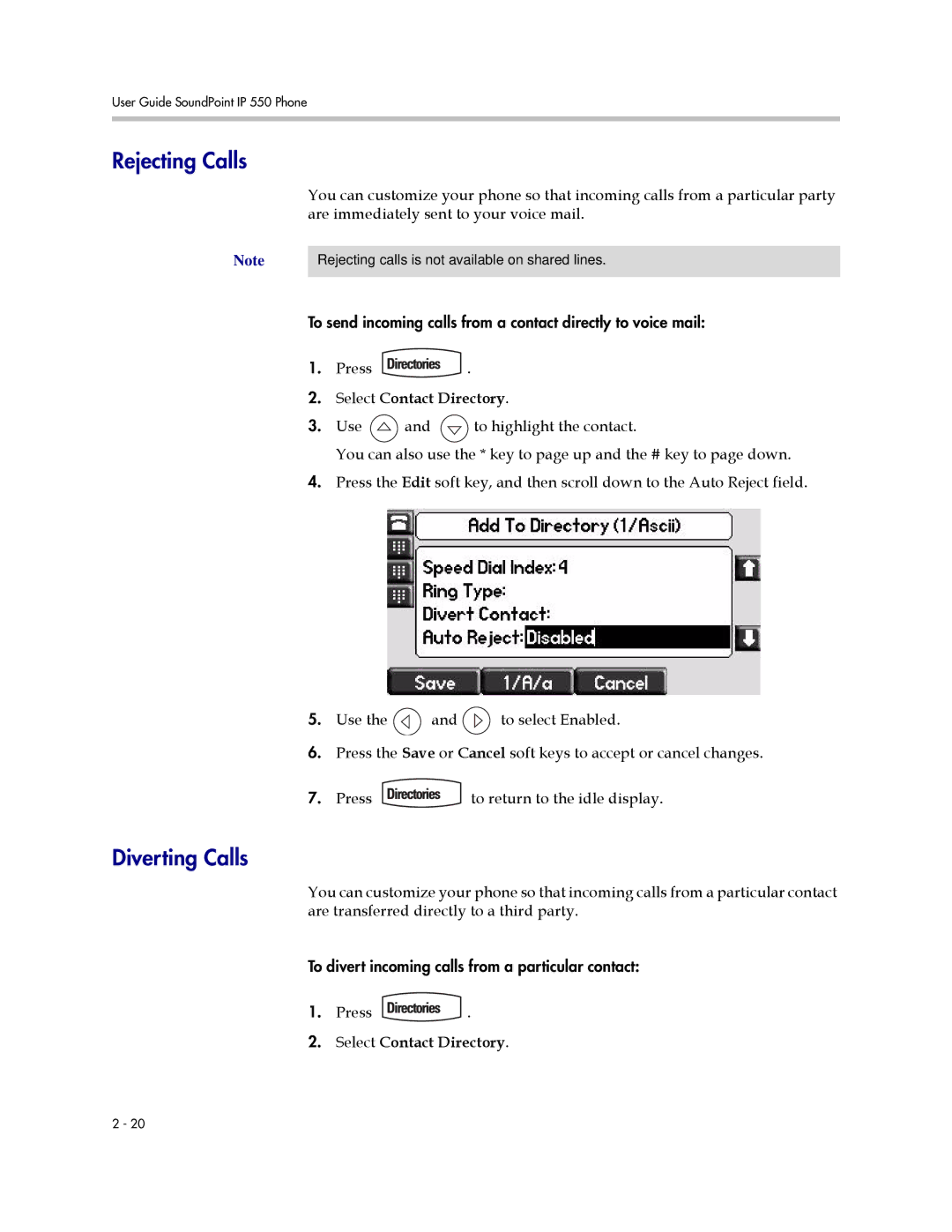 Nortel Networks 550 manual Rejecting Calls, Diverting Calls 