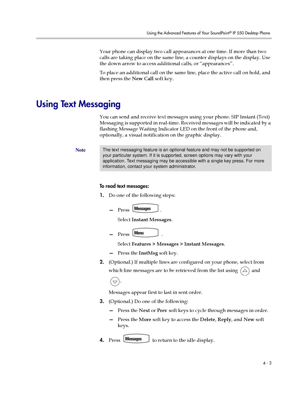 Nortel Networks 550 manual Using Text Messaging, Select Features Messages Instant Messages 