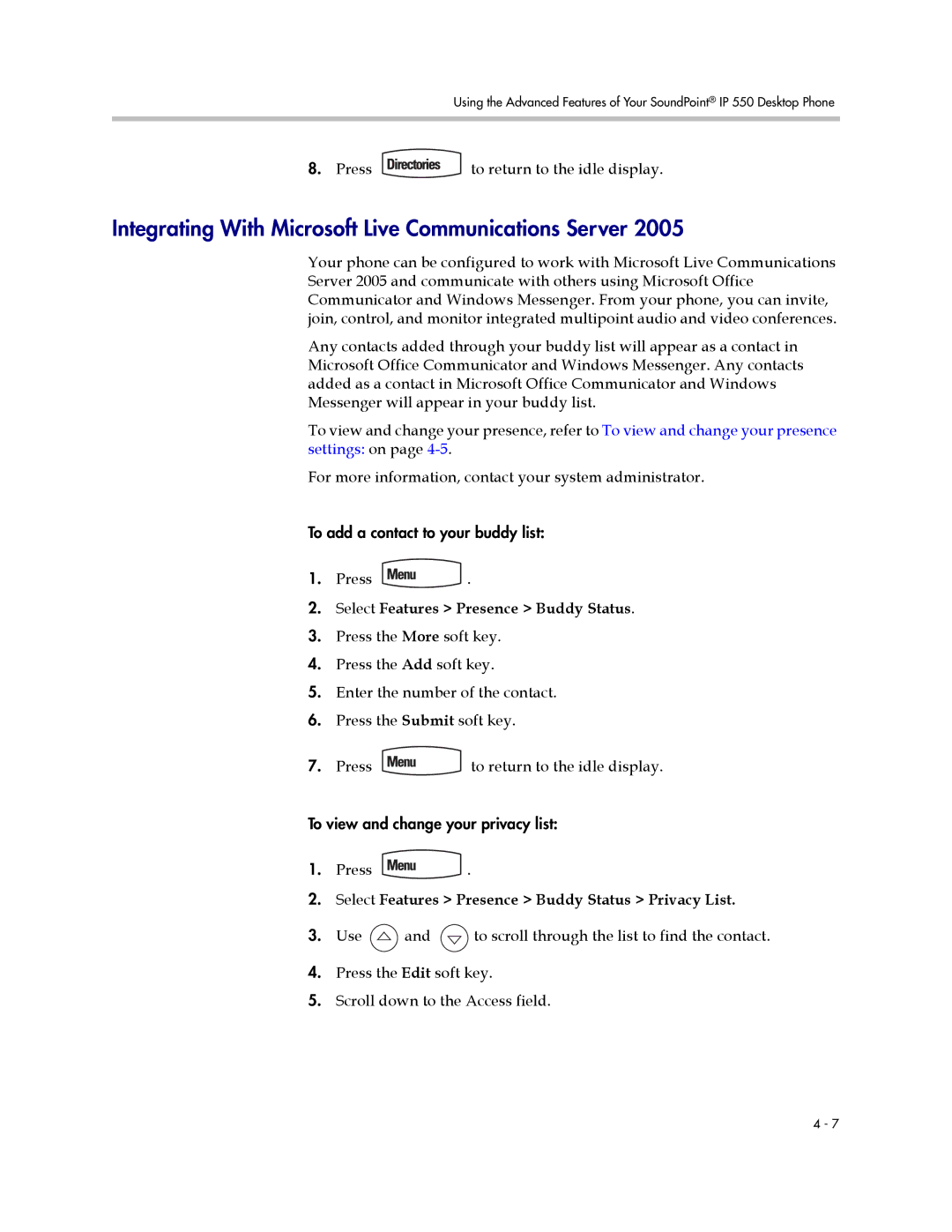 Nortel Networks 550 manual Integrating With Microsoft Live Communications Server, Select Features Presence Buddy Status 