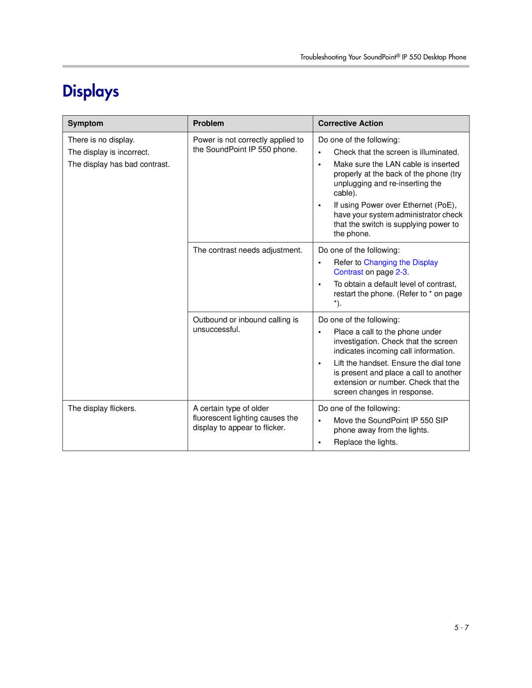 Nortel Networks 550 manual Displays, Contrast on 