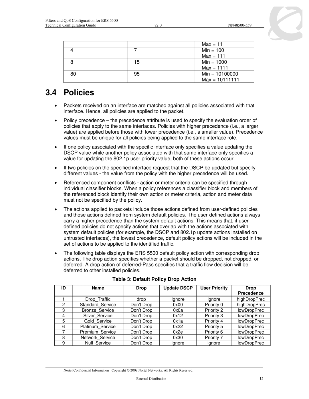 Nortel Networks 5530, 5520, 5510 manual Policies, Default Policy Drop Action 