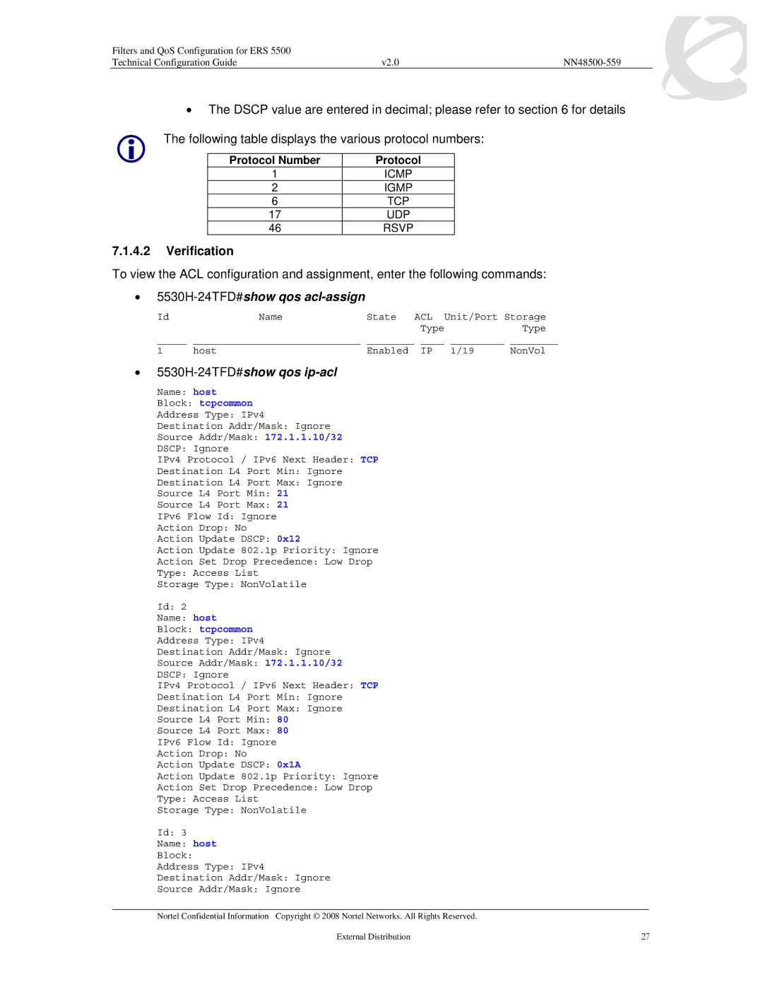 Nortel Networks 5520, 5510 manual Verification, 5530H-24TFD#show qos acl-assign, 5530H-24TFD#show qos ip-acl 