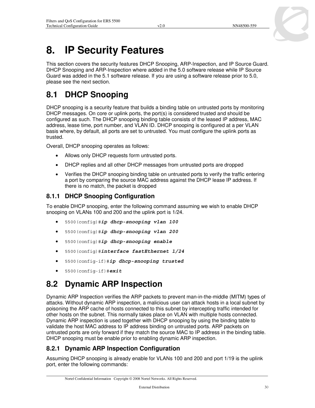 Nortel Networks 5530, 5520, 5510 manual IP Security Features, Dynamic ARP Inspection, Dhcp Snooping Configuration 