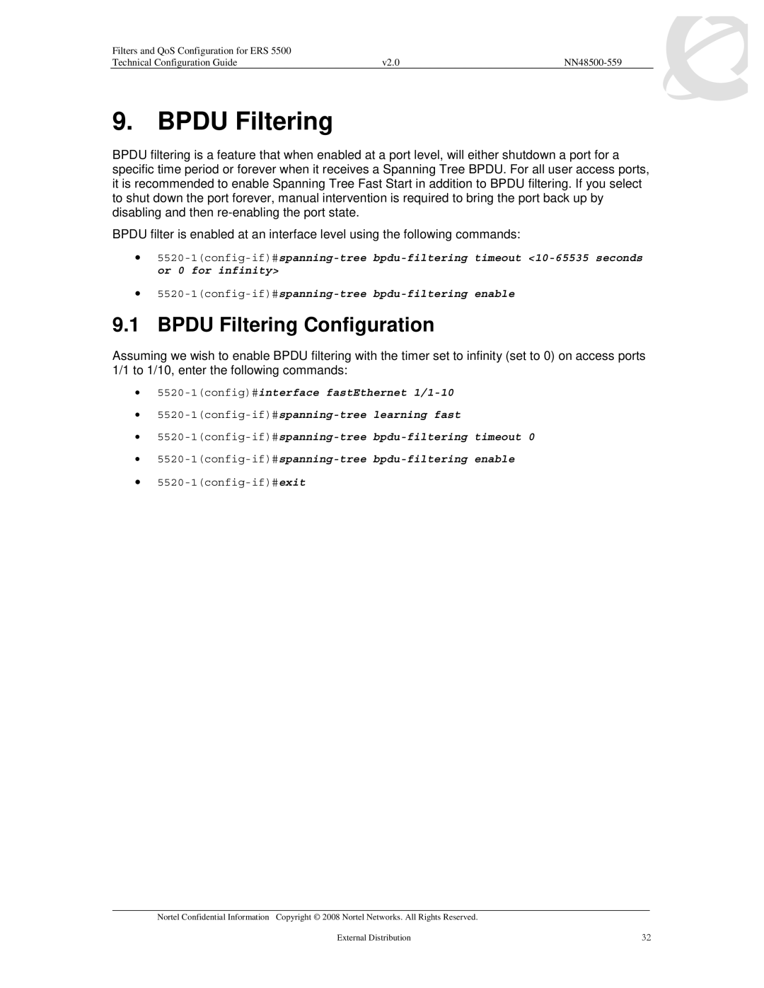 Nortel Networks 5520, 5530, 5510 manual Bpdu Filtering Configuration 