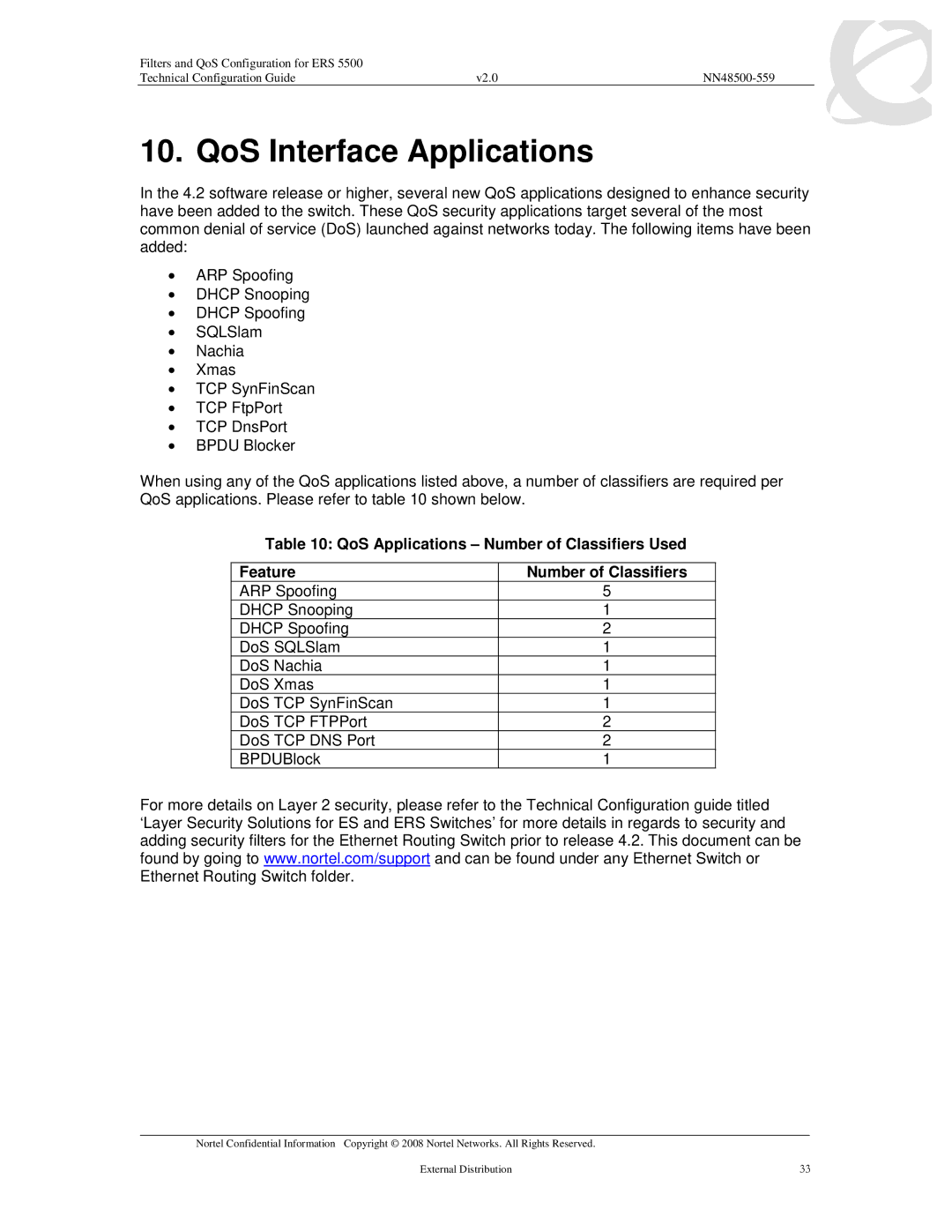 Nortel Networks 5530, 5520, 5510 manual QoS Interface Applications, QoS Applications Number of Classifiers Used Feature 