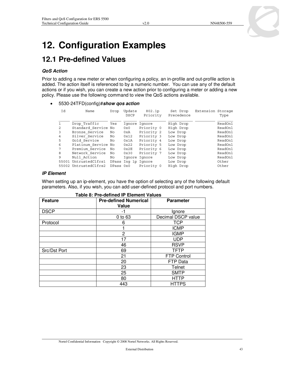 Nortel Networks 5510, 5520, 5530 manual Configuration Examples, Pre-defined Values, QoS Action 