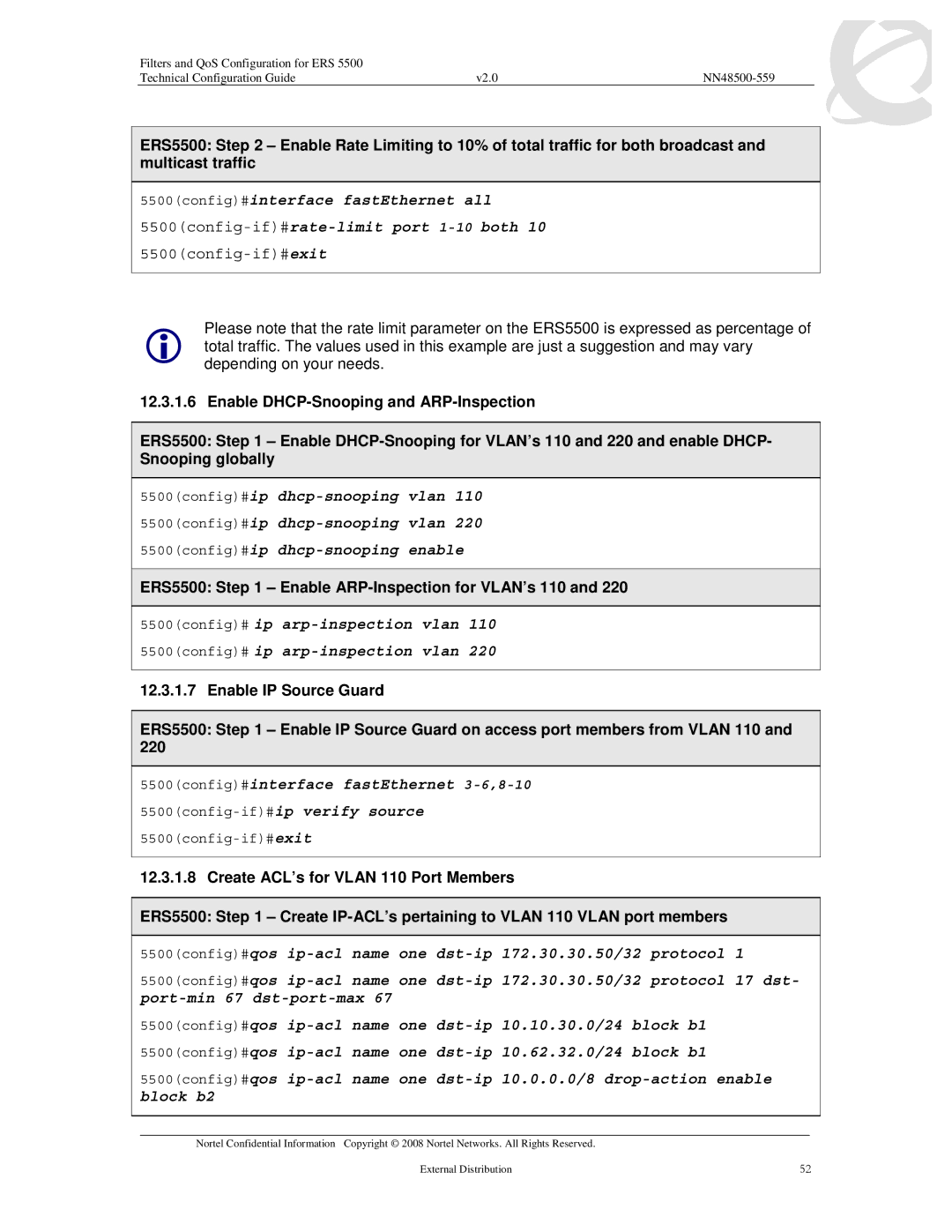 Nortel Networks 5510, 5520, 5530 manual ERS5500 Enable ARP-Inspection for VLAN’s 110 