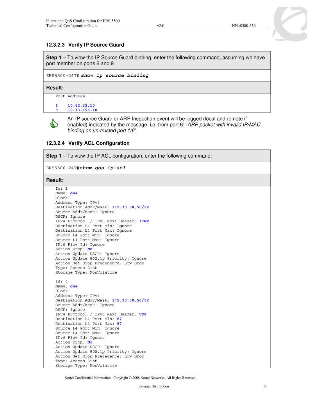 Nortel Networks 5510, 5520, 5530 manual Verify IP Source Guard, Verify ACL Configuration 