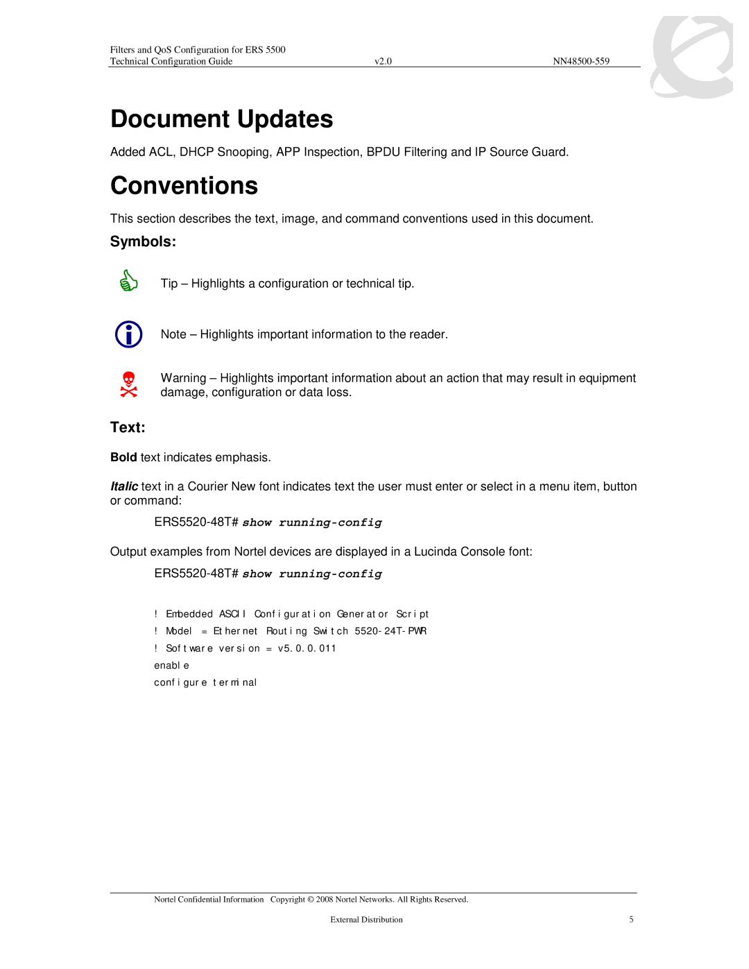 Nortel Networks 5520, 5530, 5510 manual Document Updates, Conventions, Symbols, Text 