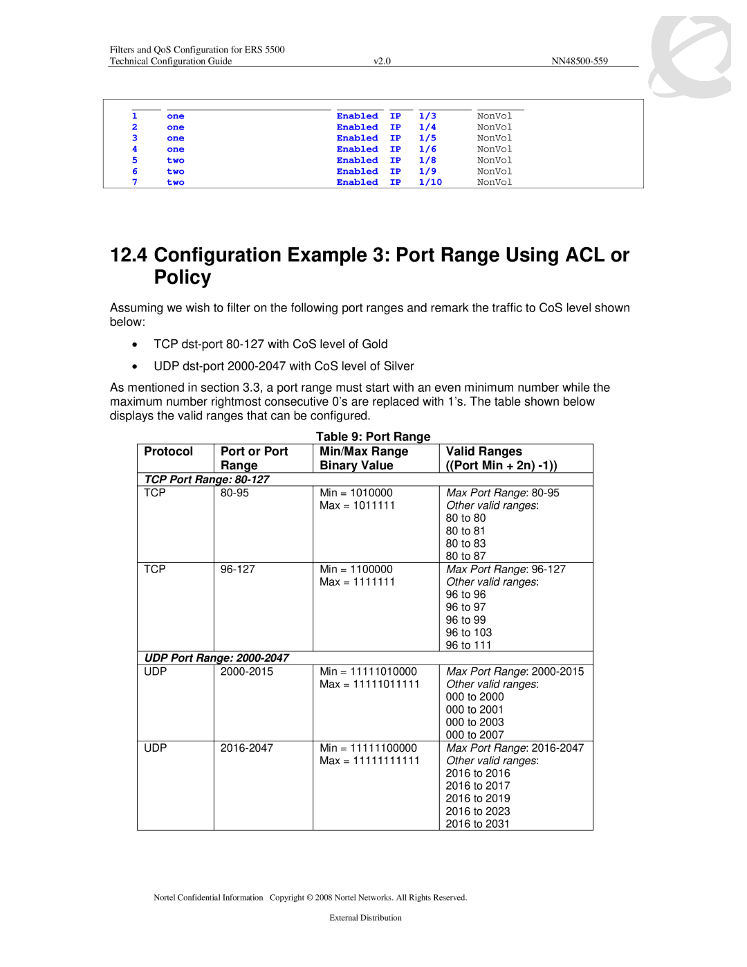 Nortel Networks 5520, 5530, 5510 manual Configuration Example 3 Port Range Using ACL or Policy, TCP Port Range 