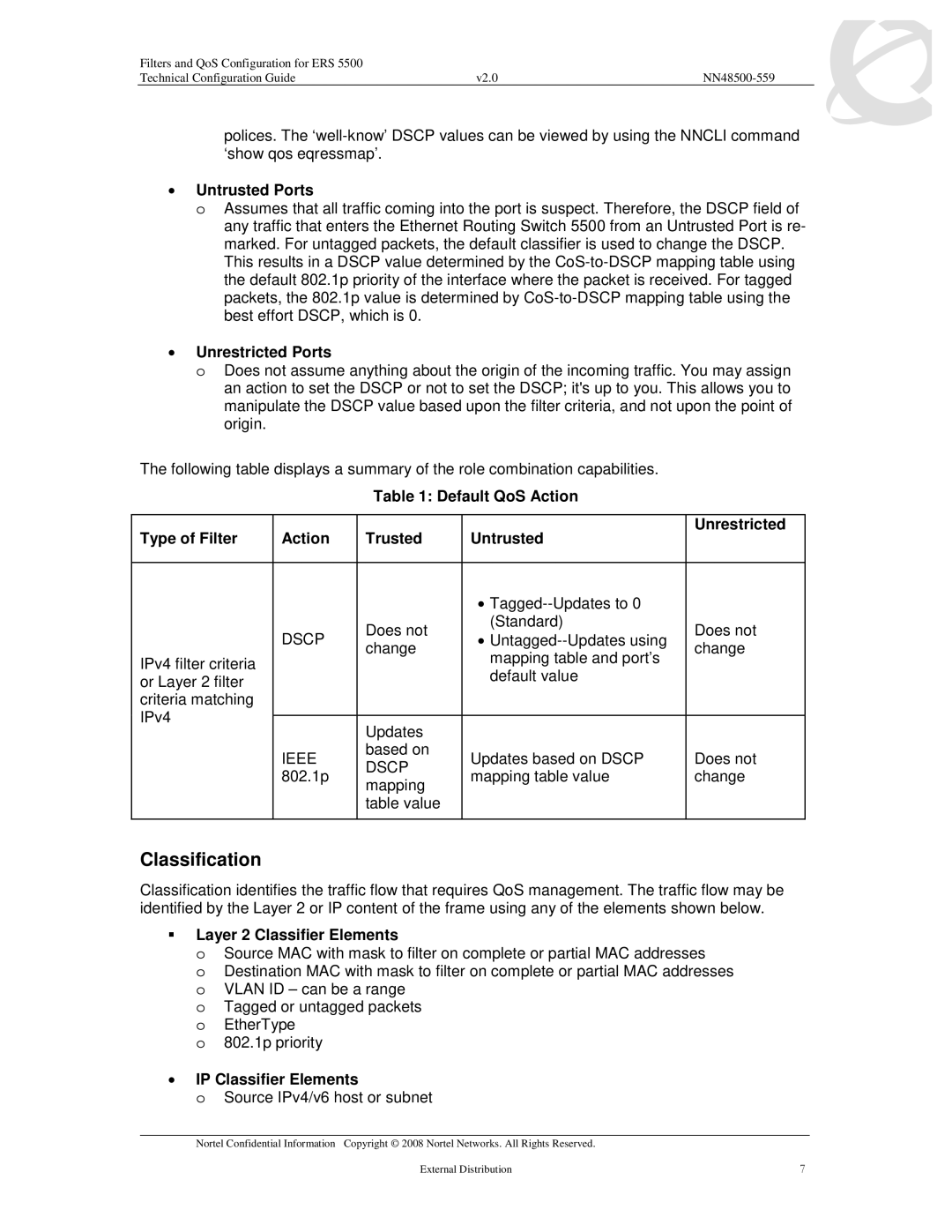 Nortel Networks 5510, 5520, 5530 manual Classification, Untrusted Ports, Unrestricted Ports, ƒ Layer 2 Classifier Elements 