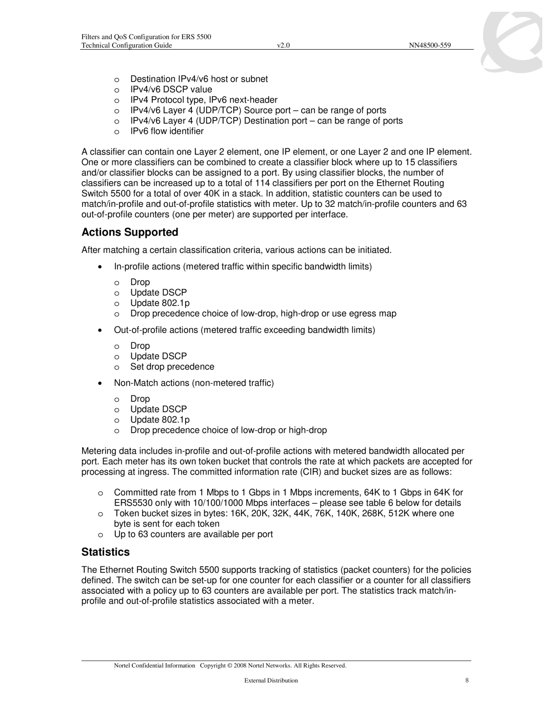 Nortel Networks 5520, 5530, 5510 manual Actions Supported, Statistics 