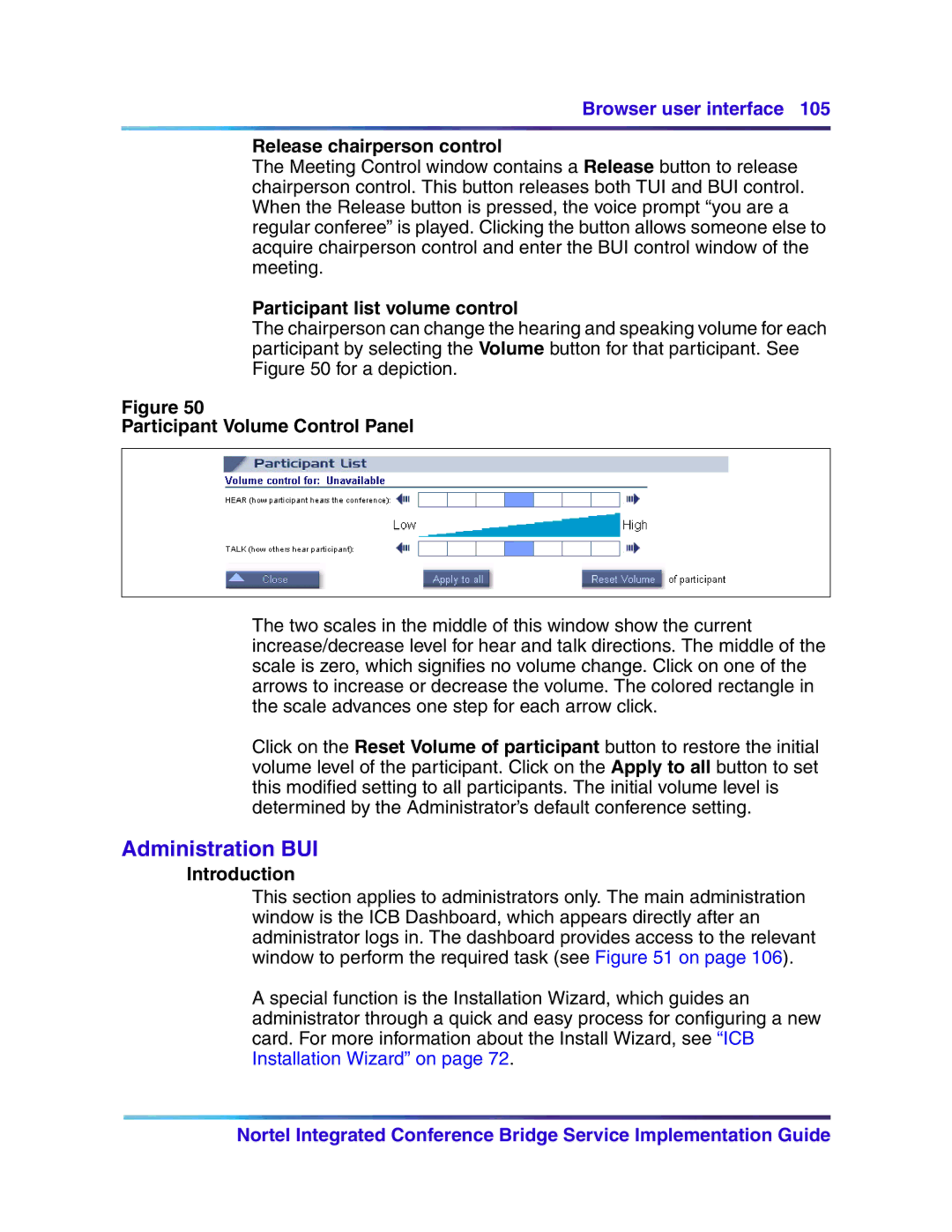 Nortel Networks 555-4001-135 manual Administration BUI, Release chairperson control, Participant list volume control 