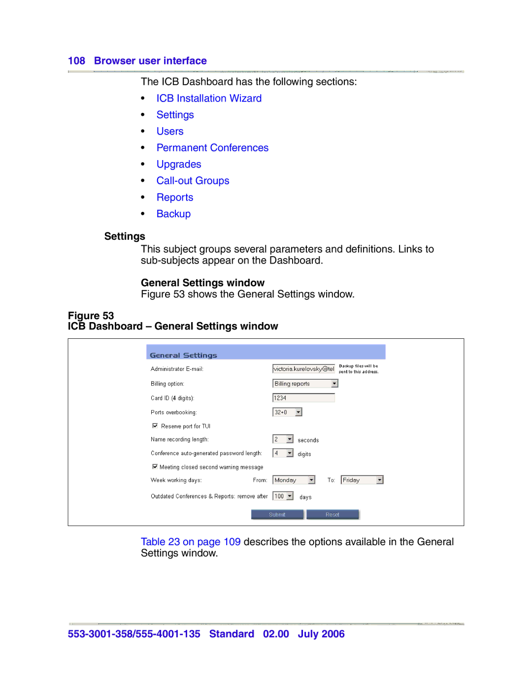 Nortel Networks 553-3001-358, 555-4001-135 manual ICB Dashboard General Settings window 