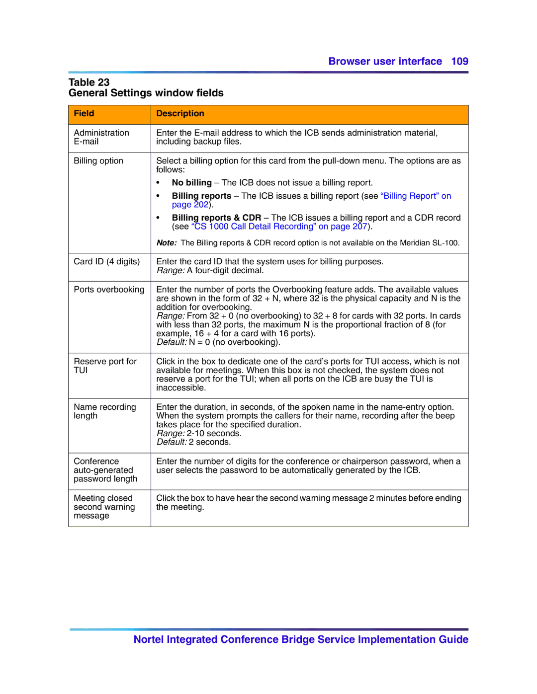 Nortel Networks 555-4001-135, 553-3001-358 manual General Settings window fields, See CS 1000 Call Detail Recording on 