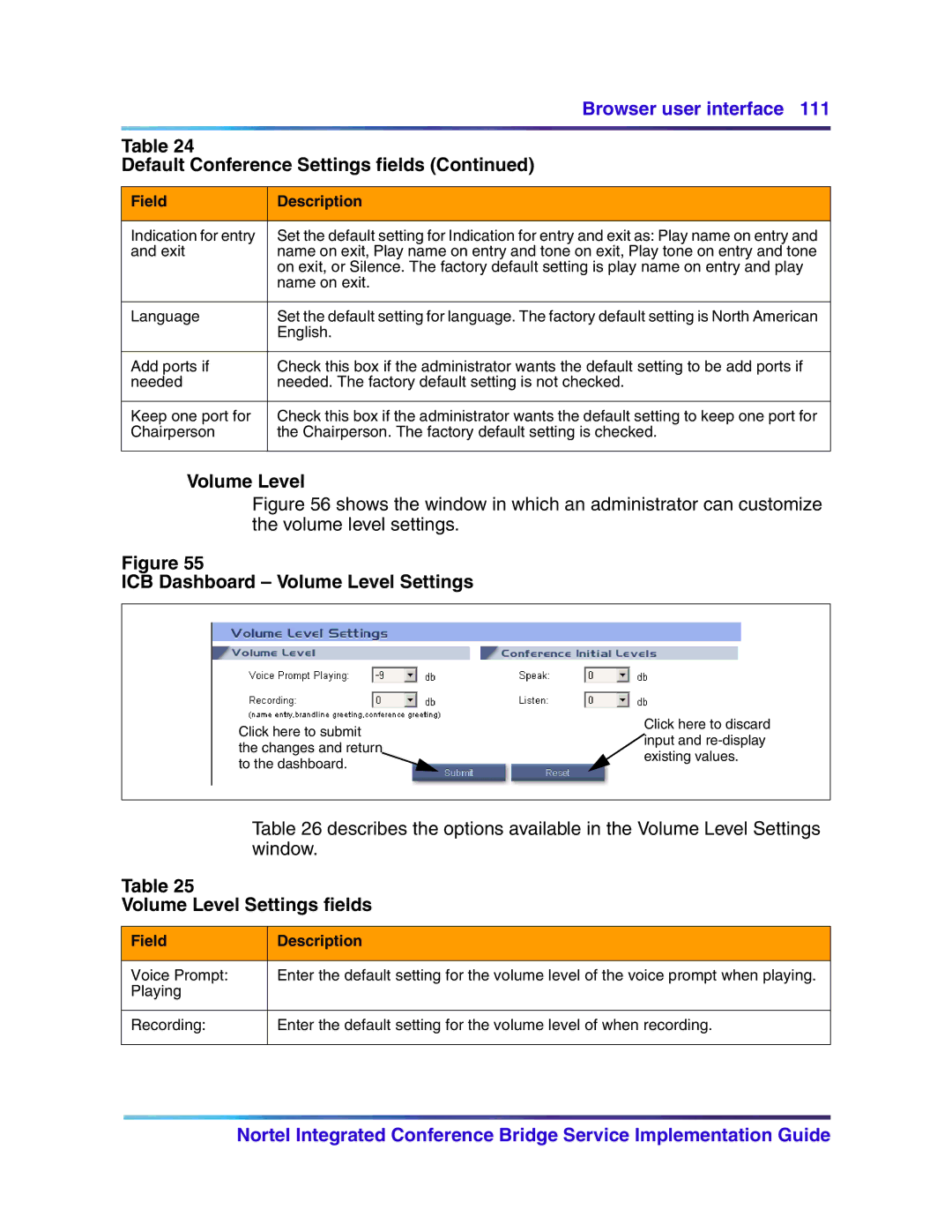 Nortel Networks 555-4001-135, 553-3001-358 manual ICB Dashboard Volume Level Settings, Volume Level Settings fields 