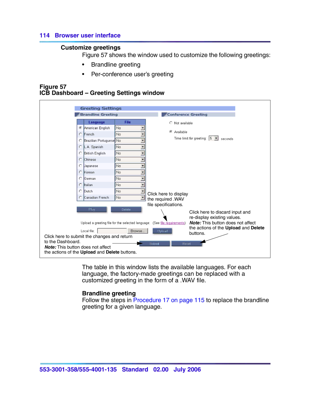 Nortel Networks 553-3001-358, 555-4001-135 Customize greetings, ICB Dashboard Greeting Settings window, Brandline greeting 