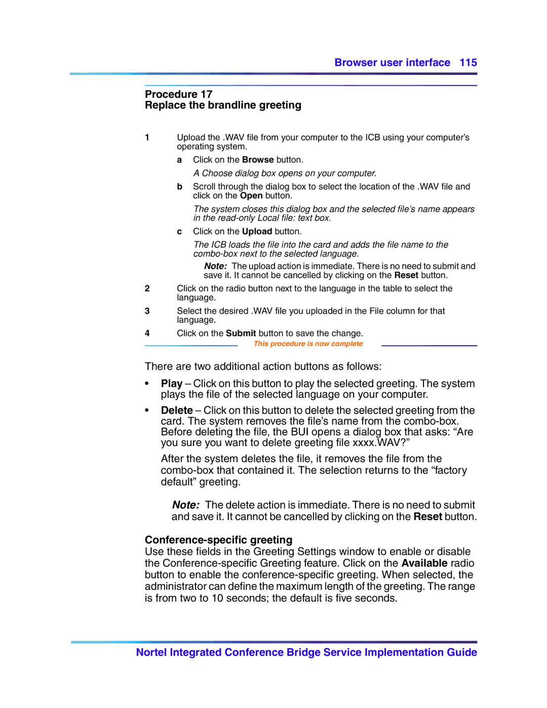 Nortel Networks 555-4001-135, 553-3001-358 manual Procedure Replace the brandline greeting, Conference-specific greeting 