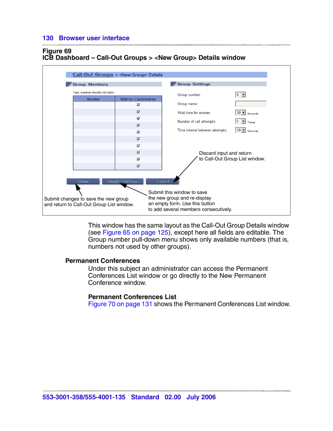 Nortel Networks 553-3001-358, 555-4001-135 ICB Dashboard Call-Out Groups New Group Details window, Permanent Conferences 