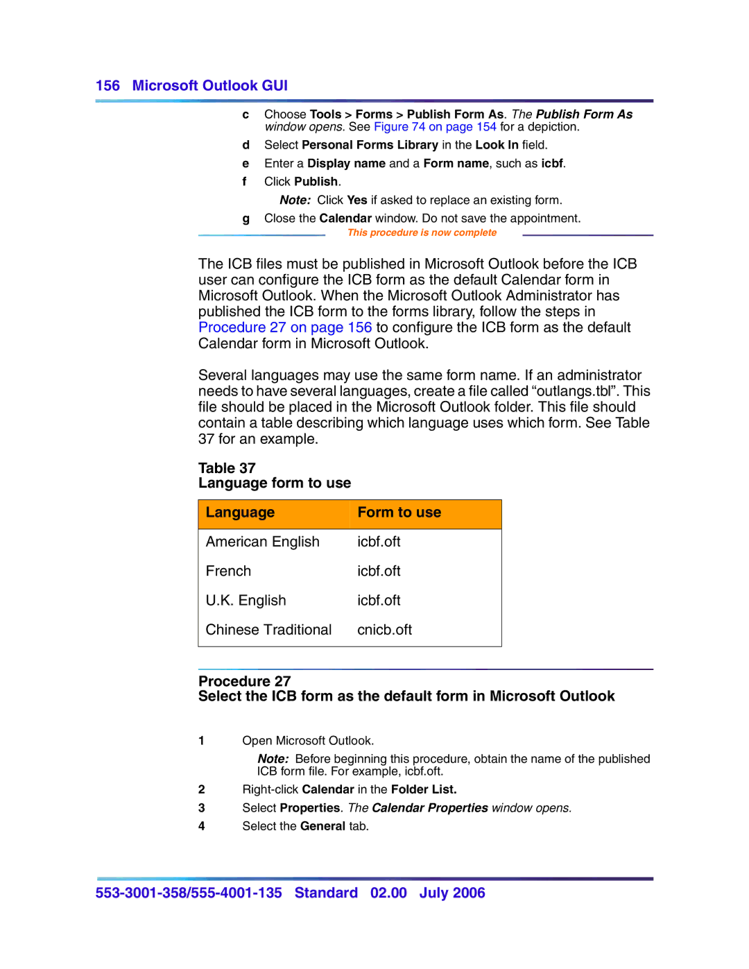 Nortel Networks 553-3001-358, 555-4001-135 manual Language form to use Form to use, Right-clickCalendar in the Folder List 