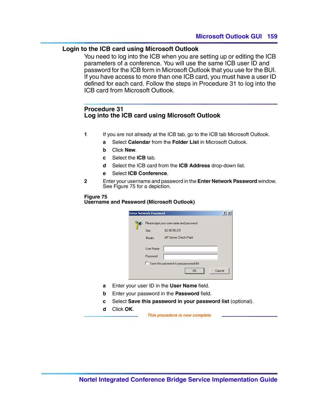 Nortel Networks 555-4001-135 manual Login to the ICB card using Microsoft Outlook, Username and Password Microsoft Outlook 