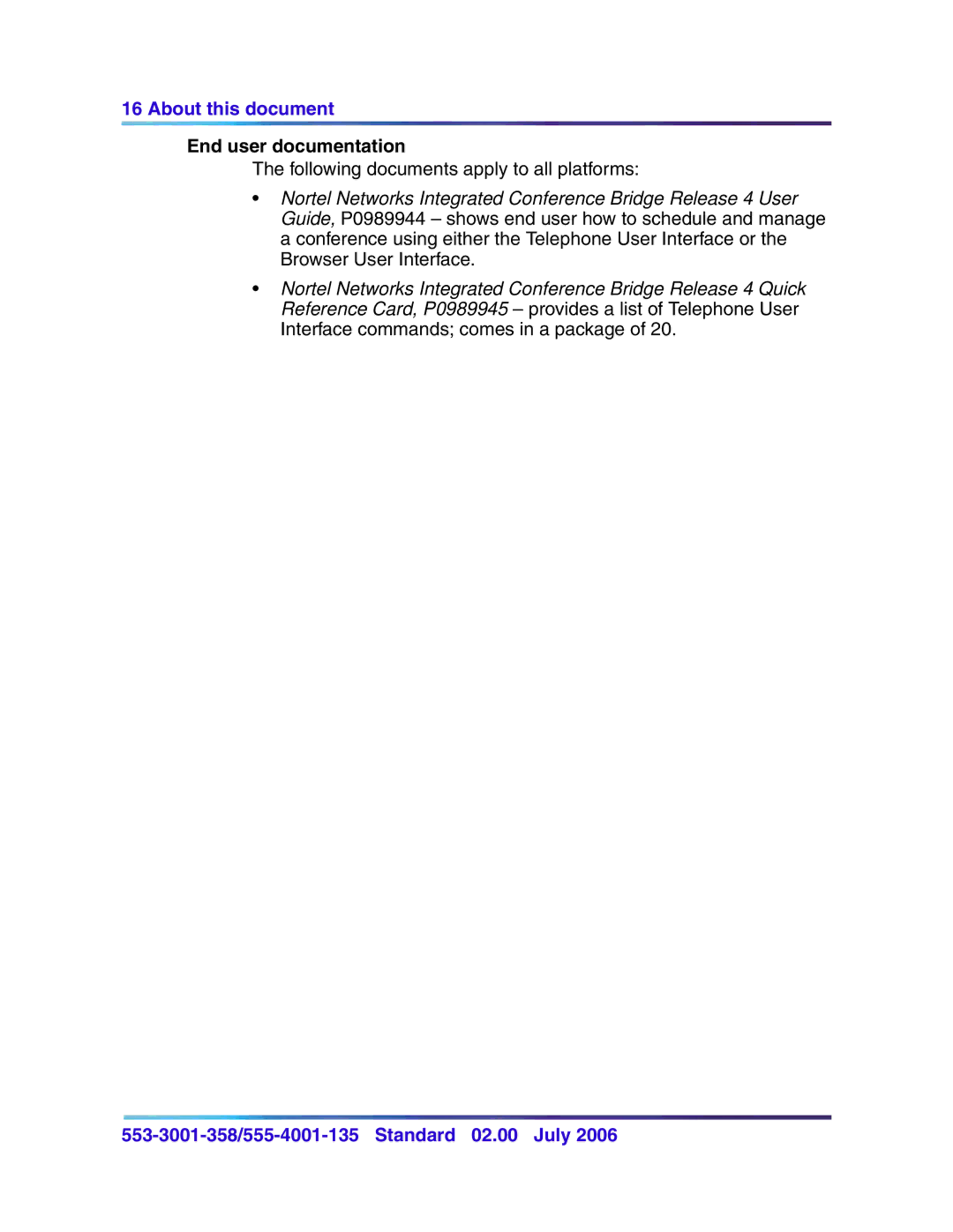 Nortel Networks 553-3001-358, 555-4001-135 manual End user documentation 