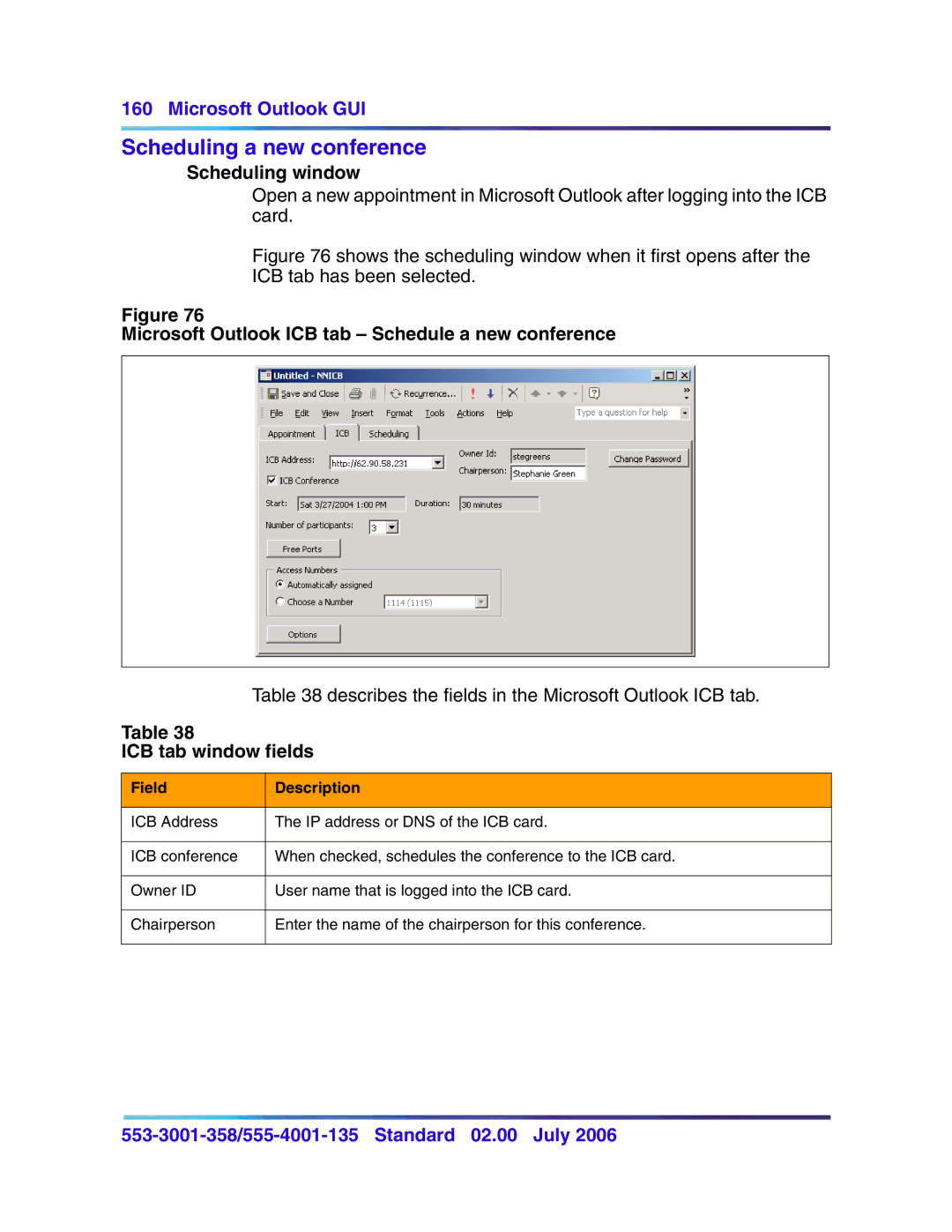 Nortel Networks 553-3001-358 manual Scheduling a new conference, Microsoft Outlook ICB tab Schedule a new conference 