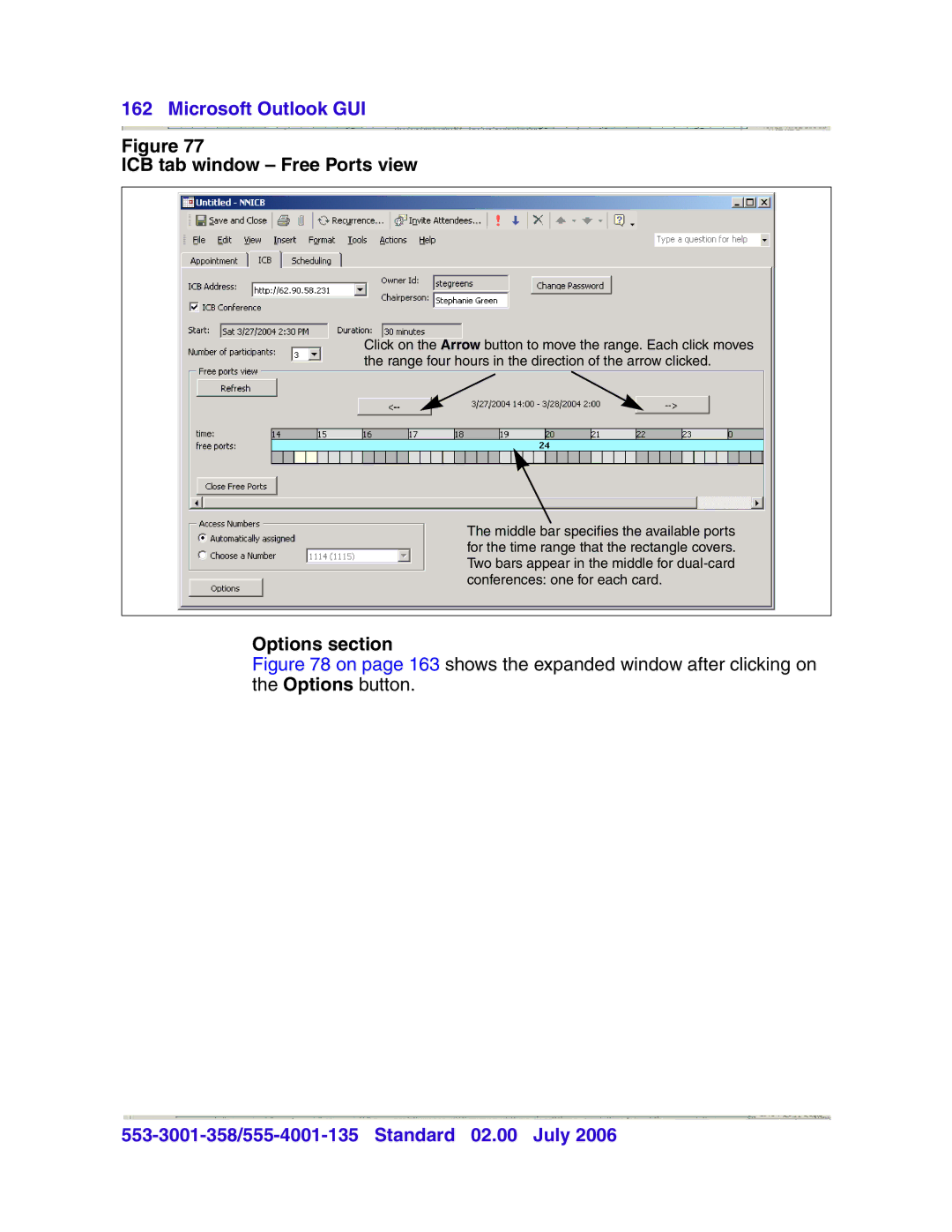 Nortel Networks 553-3001-358, 555-4001-135 manual ICB tab window Free Ports view, Options section 