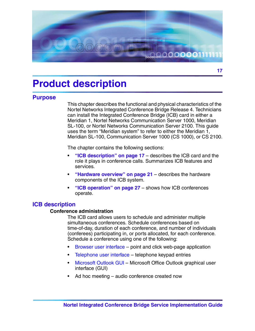 Nortel Networks 555-4001-135, 553-3001-358 manual Product description, Purpose, ICB description, Conference administration 