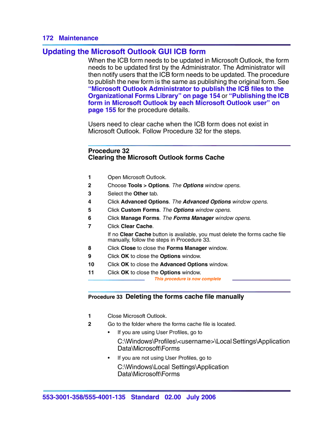 Nortel Networks 553-3001-358, 555-4001-135 manual Updating the Microsoft Outlook GUI ICB form, Click Clear Cache 