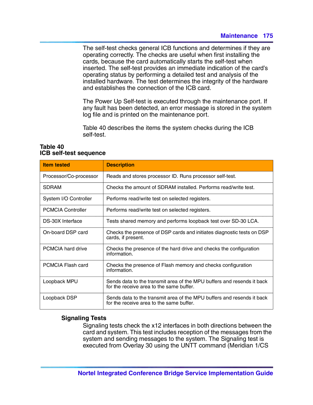 Nortel Networks 555-4001-135, 553-3001-358 manual ICB self-test sequence, Signaling Tests, Item tested Description 