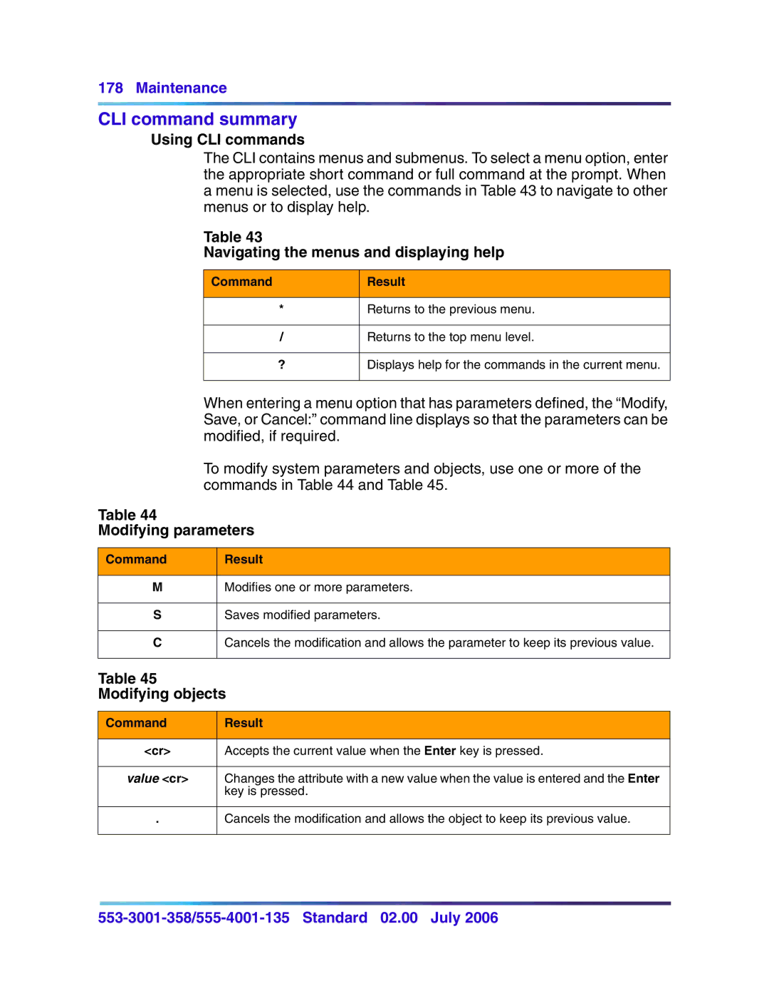 Nortel Networks 553-3001-358 manual CLI command summary, Using CLI commands, Navigating the menus and displaying help 