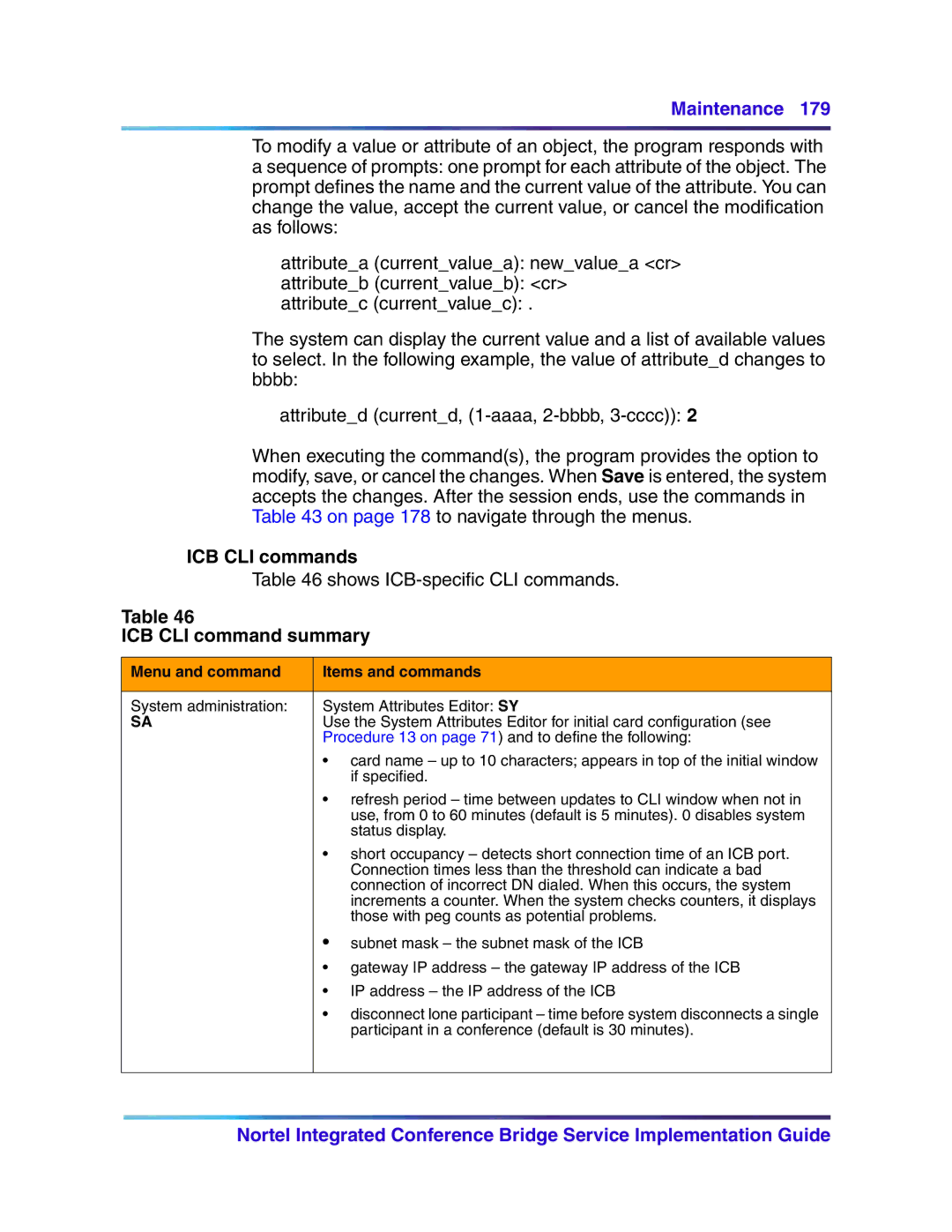 Nortel Networks 555-4001-135, 553-3001-358 ICB CLI commands, ICB CLI command summary, Menu and command Items and commands 