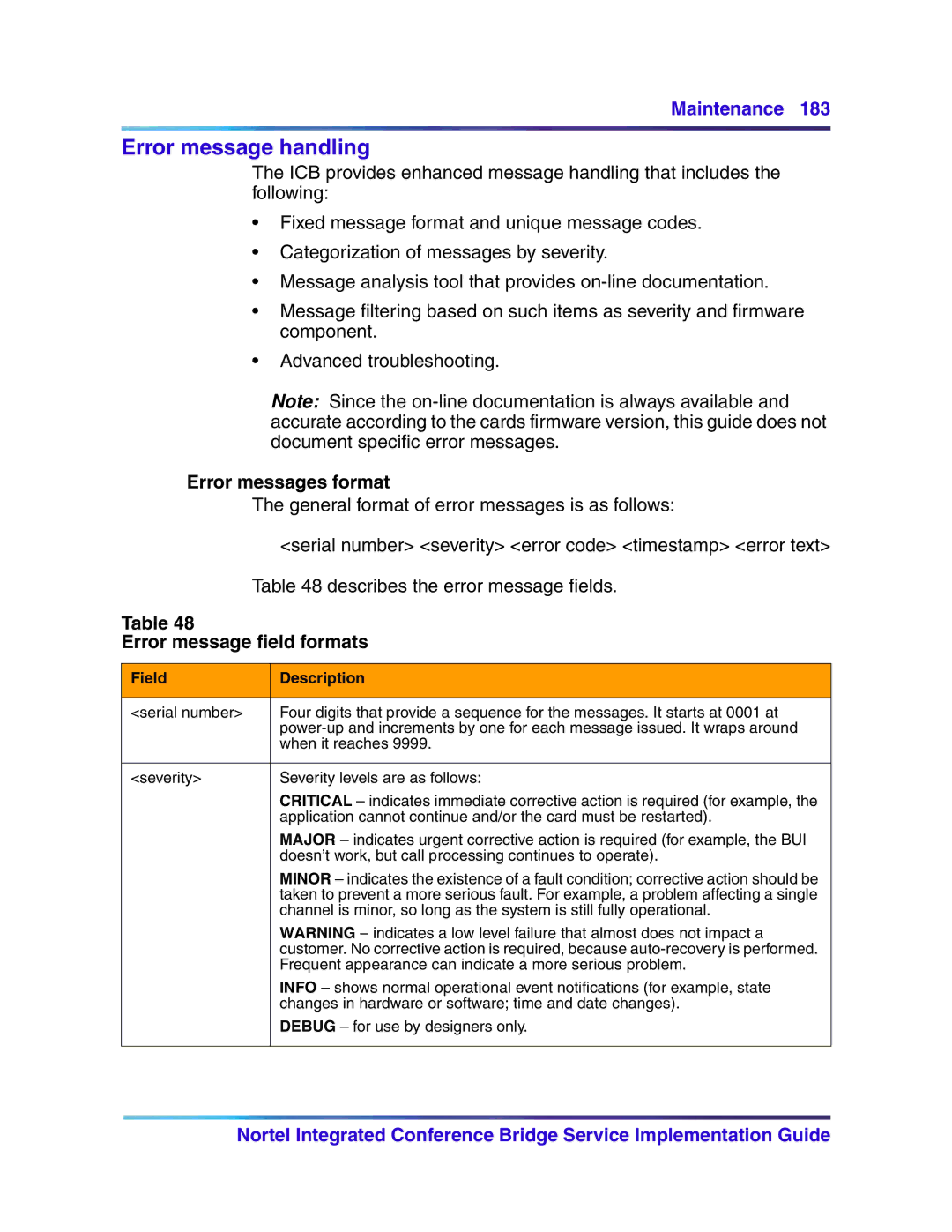 Nortel Networks 555-4001-135, 553-3001-358 manual Error message handling, Error messages format, Error message field formats 