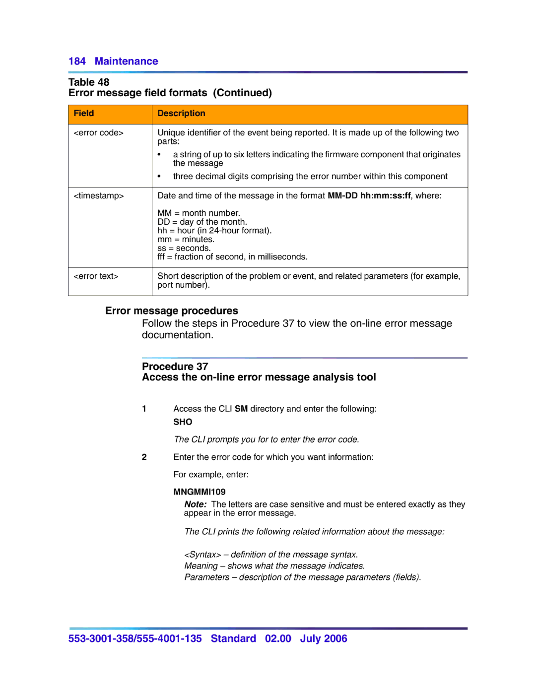 Nortel Networks 553-3001-358 manual Error message procedures, Procedure Access the on-line error message analysis tool 