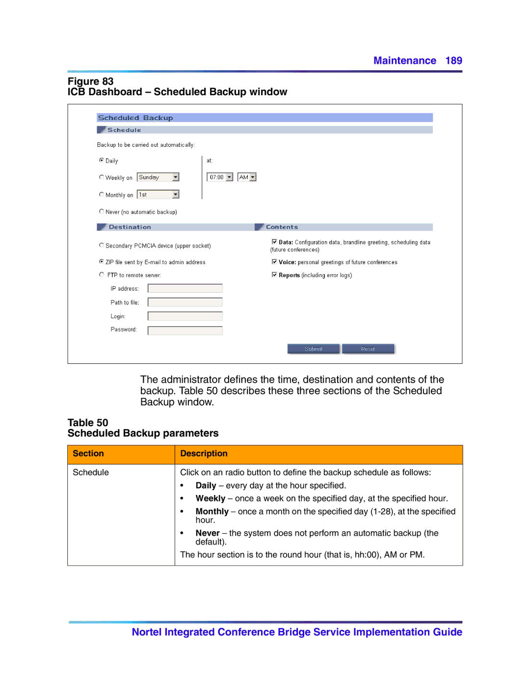 Nortel Networks 555-4001-135 manual ICB Dashboard Scheduled Backup window, Scheduled Backup parameters, Section Description 