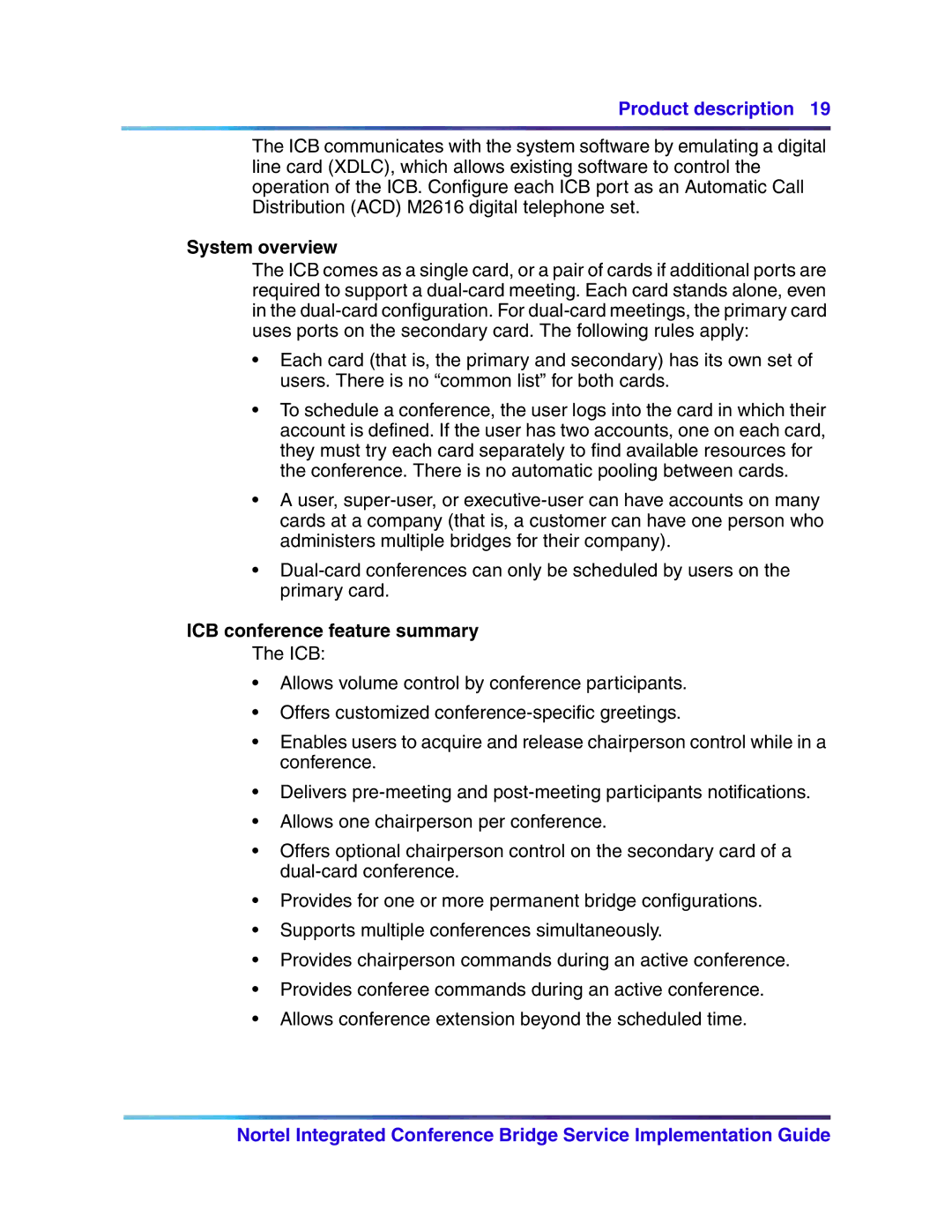 Nortel Networks 555-4001-135, 553-3001-358 manual System overview, ICB conference feature summary 