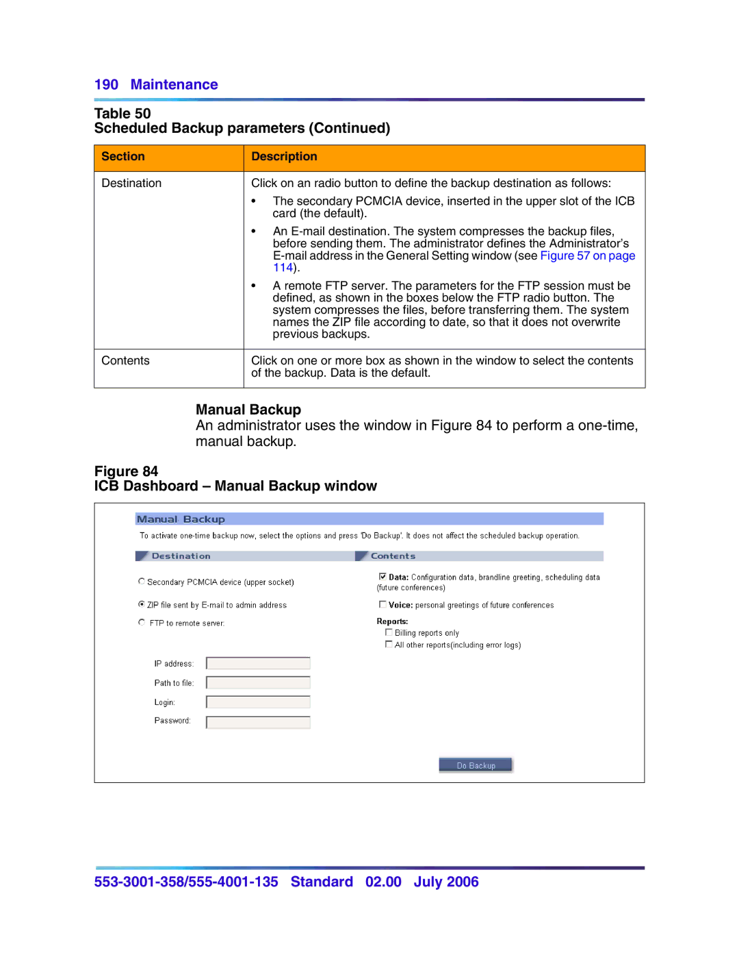 Nortel Networks 553-3001-358, 555-4001-135 manual ICB Dashboard Manual Backup window 