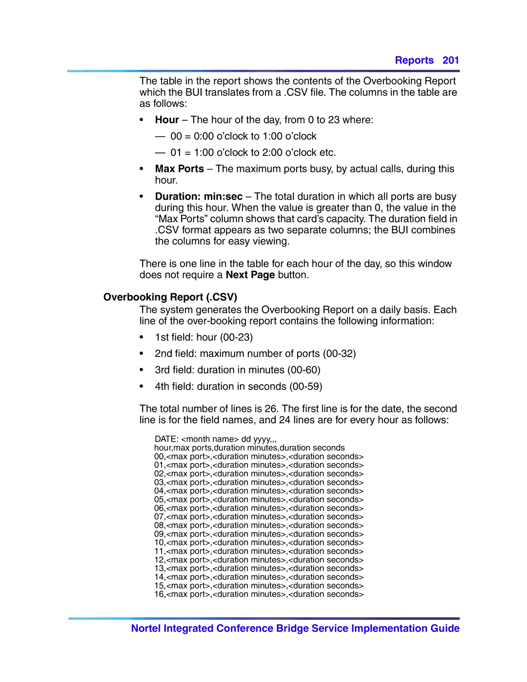 Nortel Networks 555-4001-135, 553-3001-358 manual Overbooking Report .CSV 