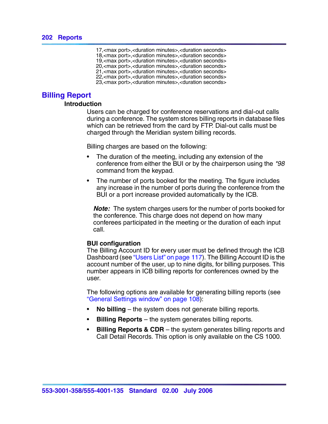 Nortel Networks 553-3001-358, 555-4001-135 manual Billing Report, BUI configuration 